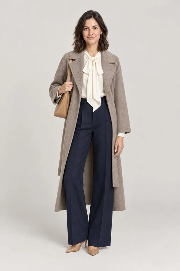 The same shopper wearing a cashmere wrap coat, a silk bow blouse and wide-leg trousers