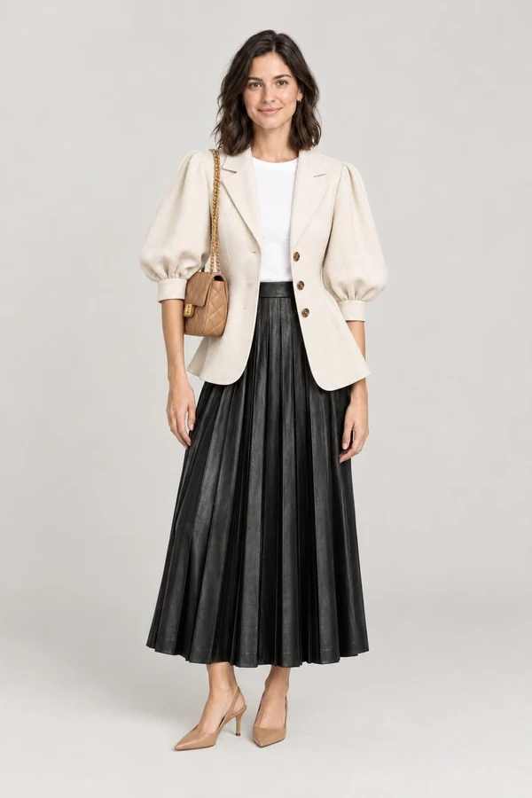 The same shopper wearing a balloon-sleeve jacket and a pleated leather midi skirt